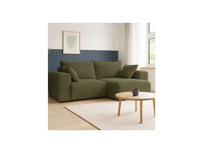 Canapé d'angle convertible réversible 3 places en velours côtelé vert kaki - Amara