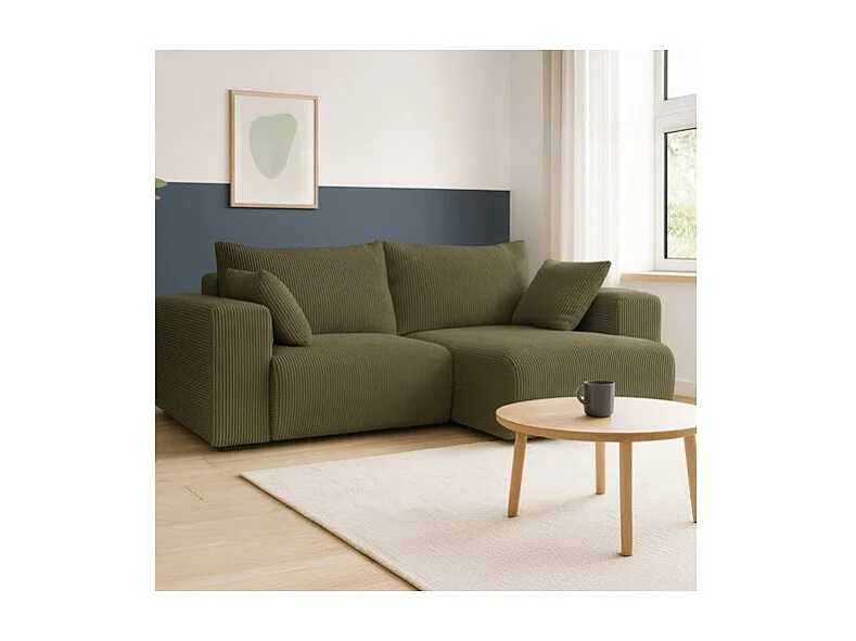 Canapé d'angle convertible réversible 3 places en velours côtelé vert kaki - Amara