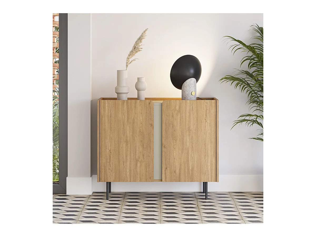 Buffet 2 portes décor chêne et vert 100 cm - Ingo