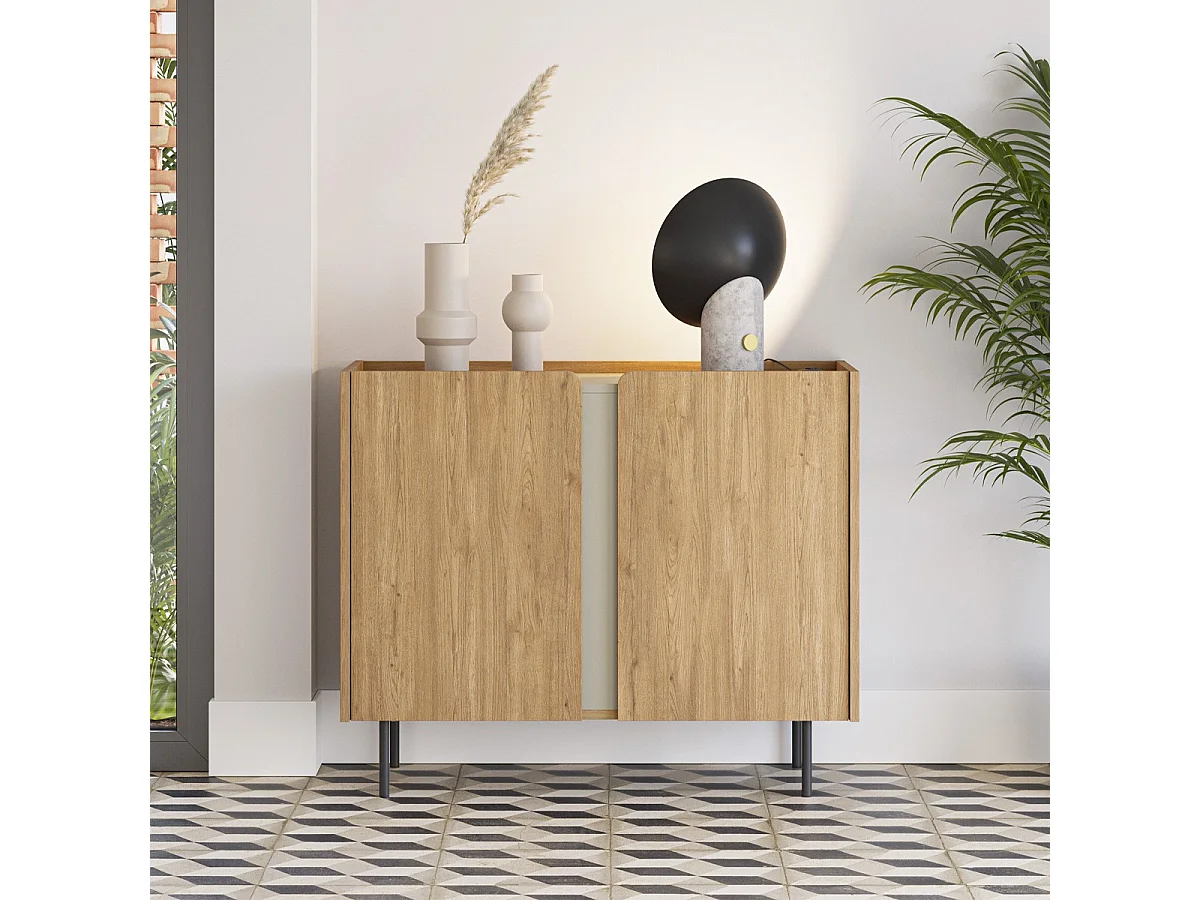 Buffet 2 portes décor chêne et vert 100 cm - Ingo