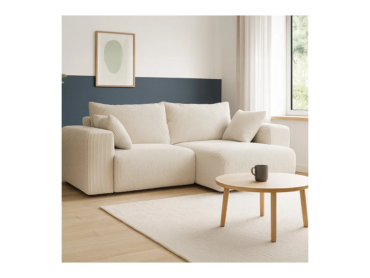 Canapé d'angle convertible réversible 3 places en velours côtelé beige - Amara