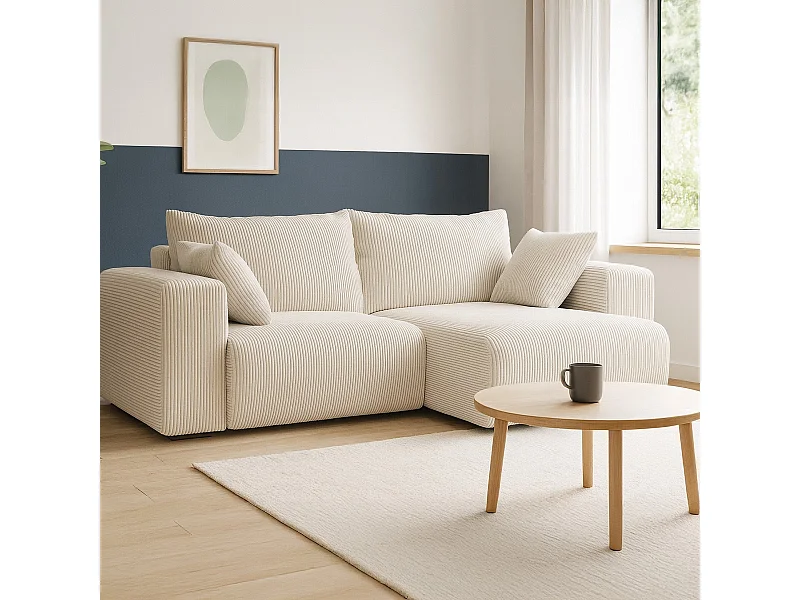 Canapé d'angle convertible réversible 3 places en velours côtelé beige - Amara