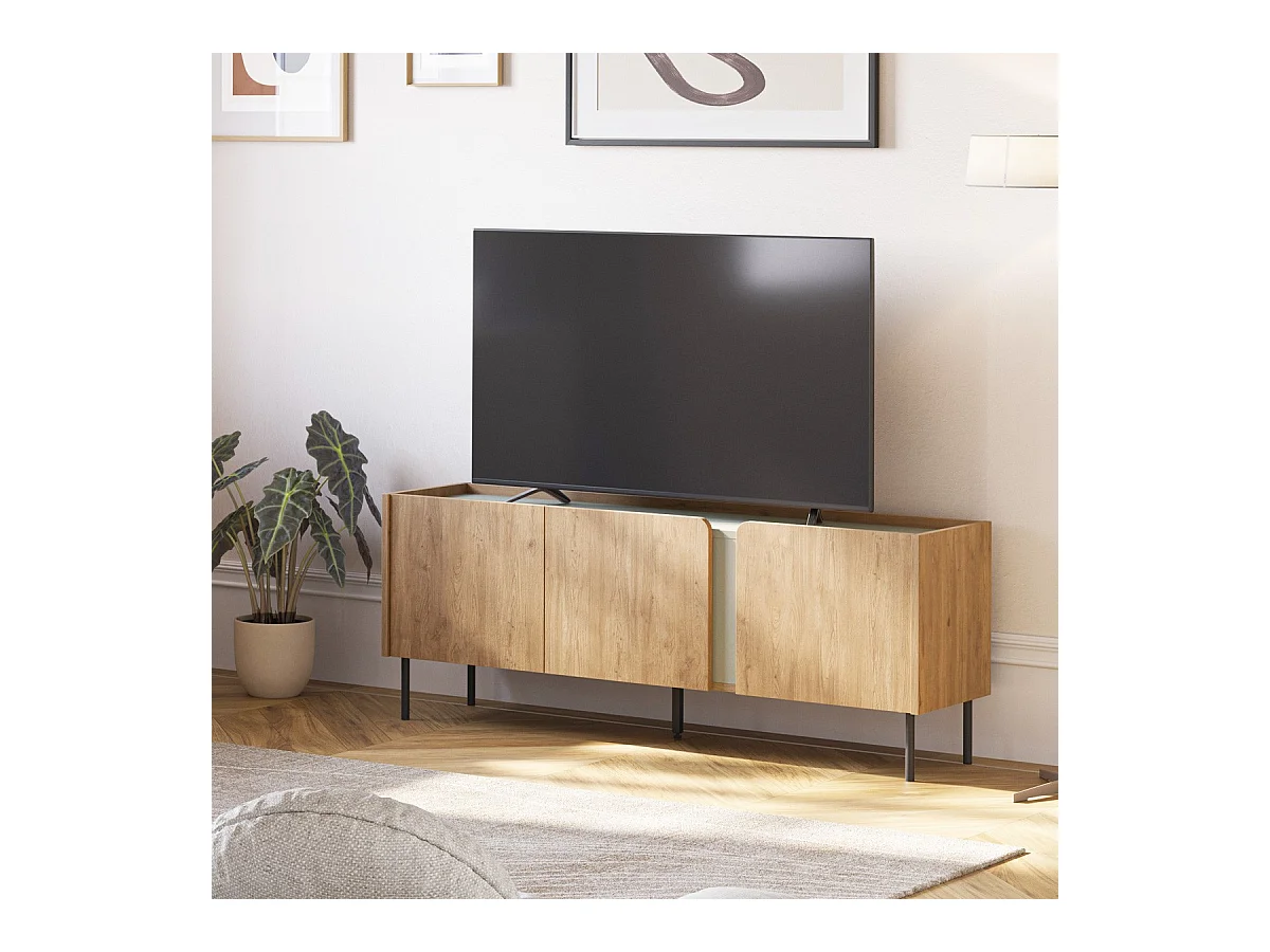 Meuble TV 3 portes décor chêne et vert 140 cm - Ingo