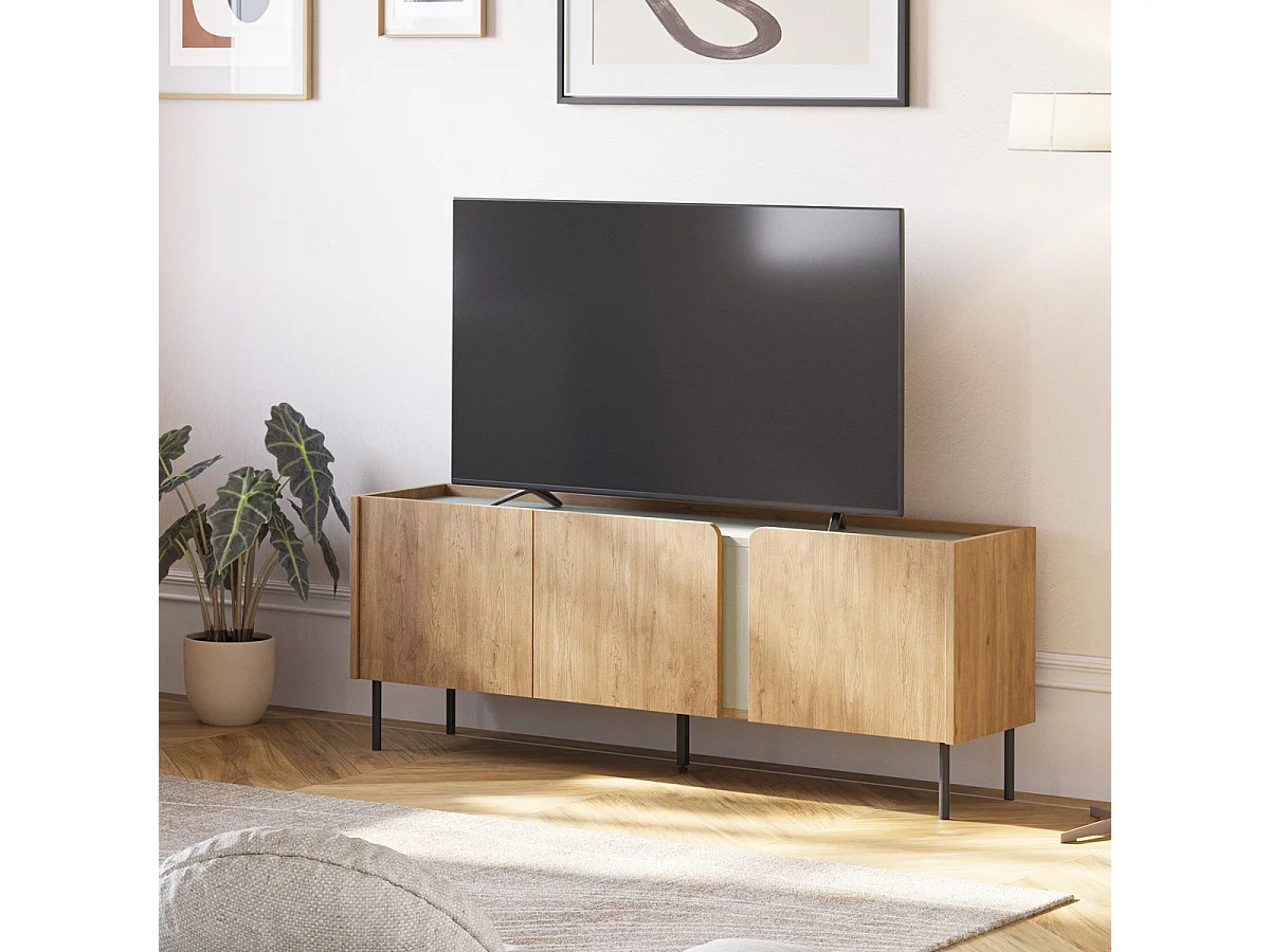 Meuble TV 3 portes décor chêne et vert 140 cm - Ingo