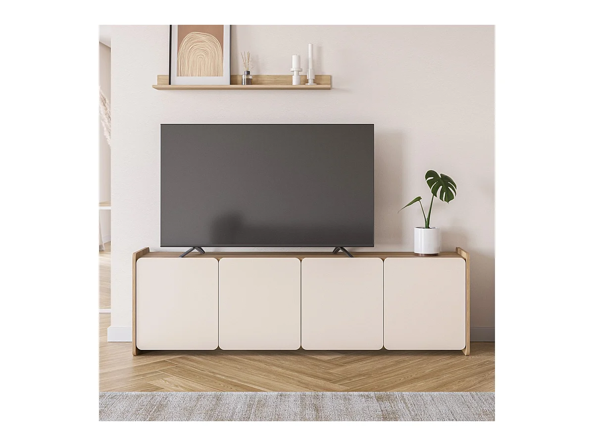 Meuble TV 4 portes beige et décor chêne 180 cm - Sami