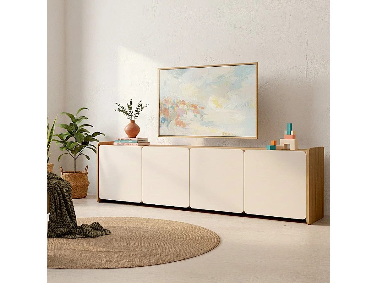 Meuble TV 4 portes beige et décor chêne 180 cm - Sami