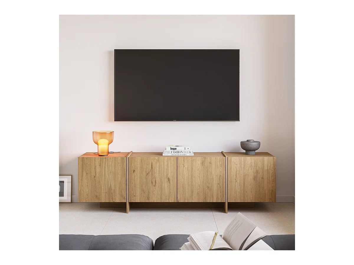 Meuble TV 4 portes décor chêne 180 cm - Owen
