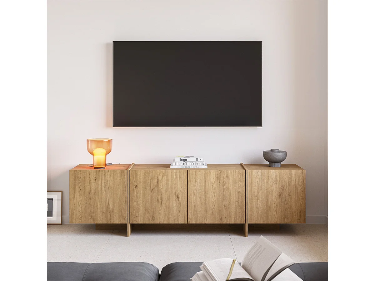 Meuble TV 4 portes décor chêne 180 cm - Owen