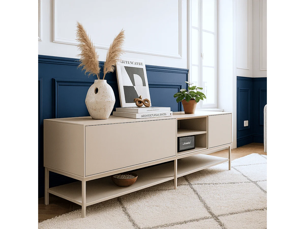 Meuble TV 2 portes 2 niches beige 180 cm - Zara