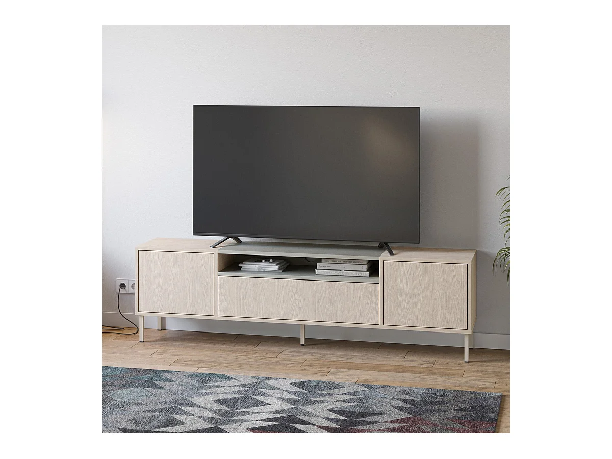 Meuble TV 3 portes chêne clair et vert 180 cm - Amos