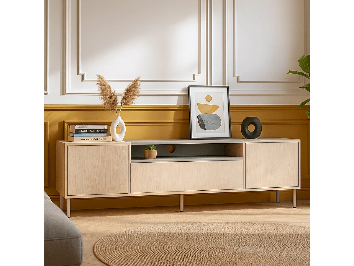 Meuble TV 3 portes chêne clair et vert 180 cm - Amos