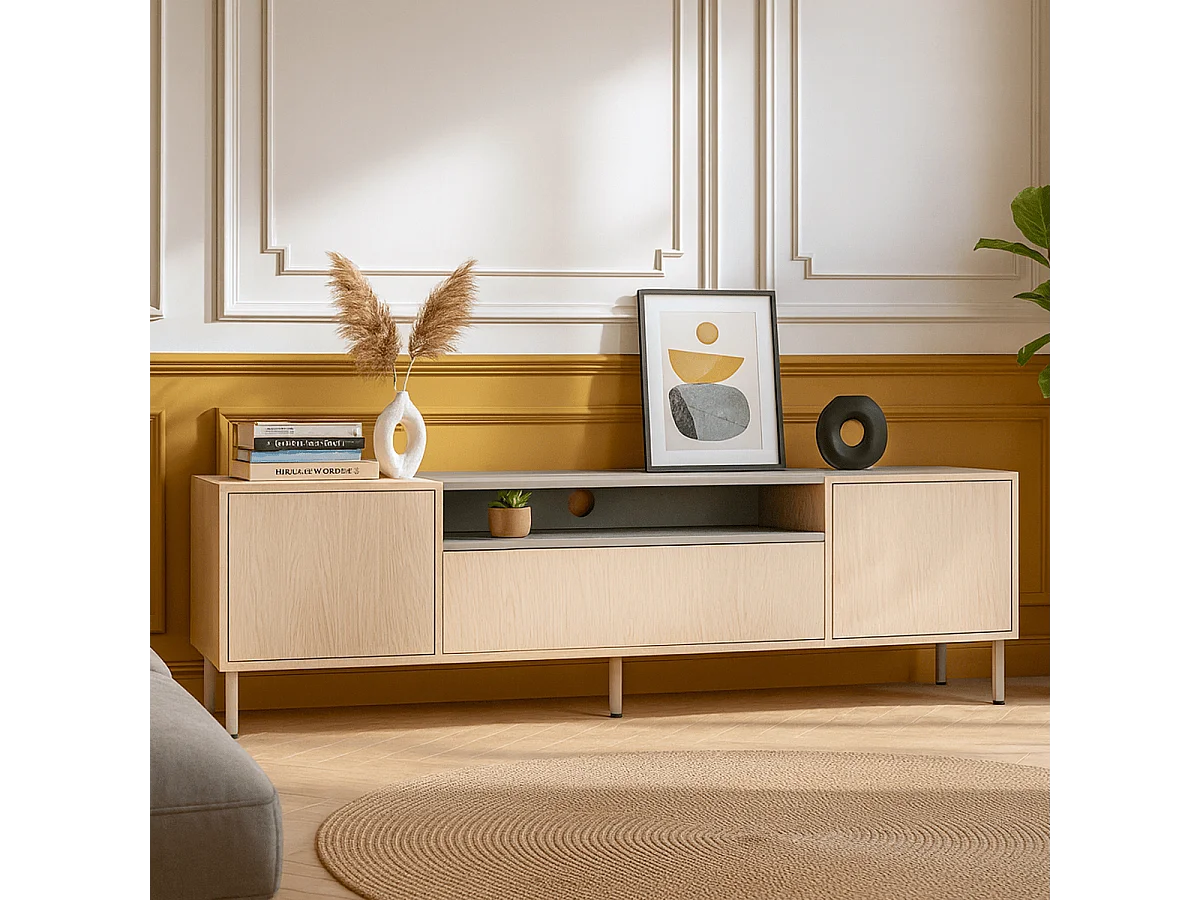 Meuble TV 3 portes chêne clair et vert 180 cm - Amos