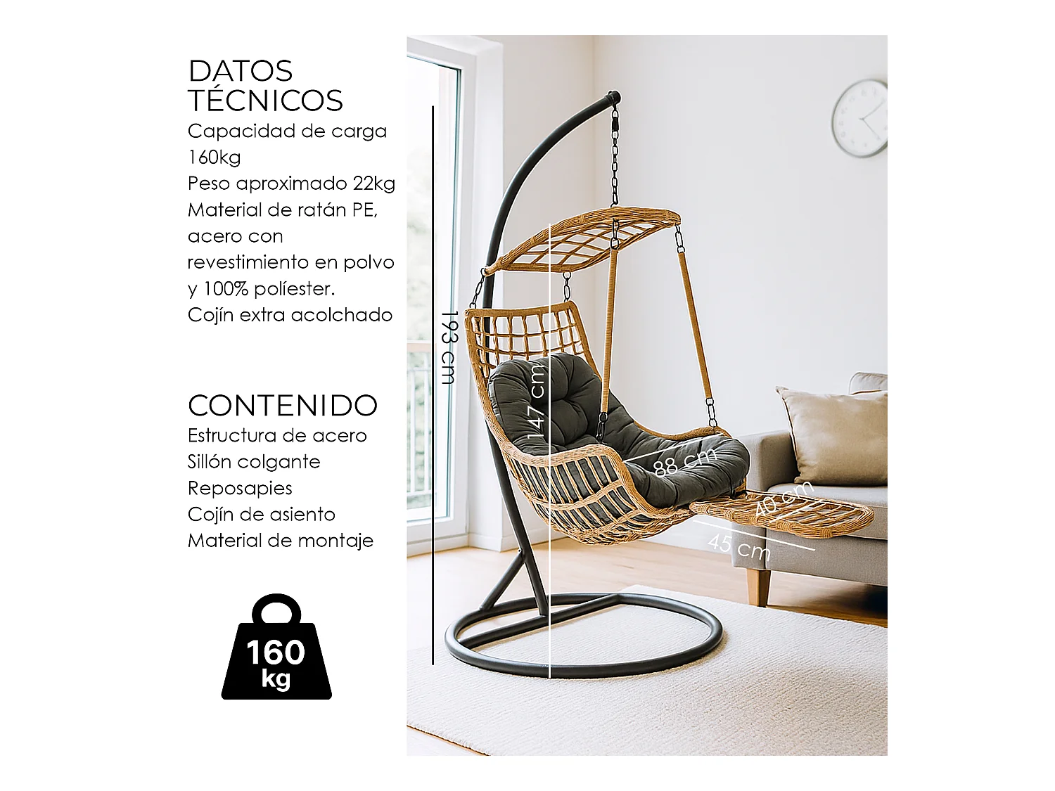 Silla Colgante Yoevu - con reposapiés para interior y exterior - YV-RELAXCHAIR