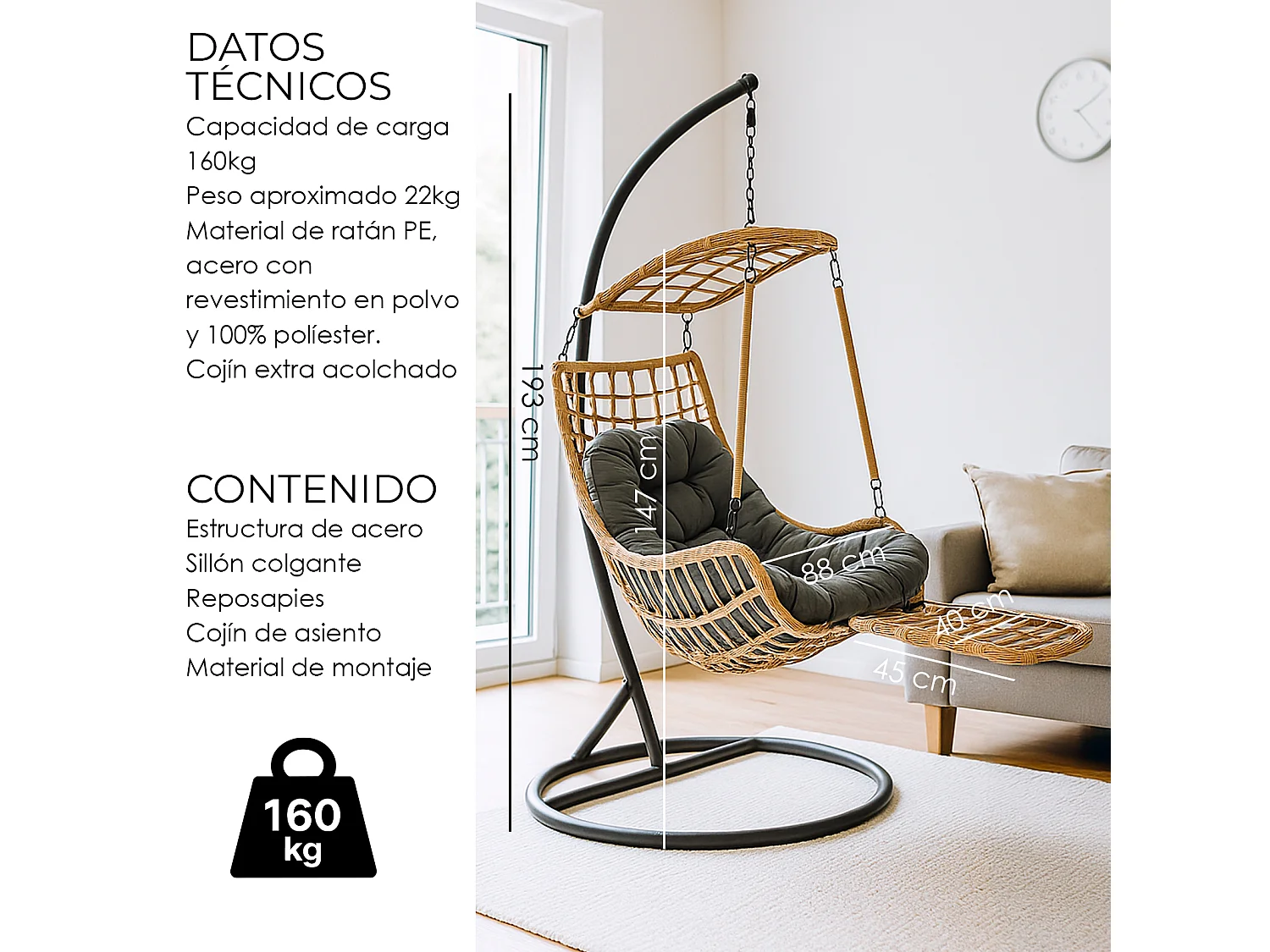 Silla Colgante Yoevu - con reposapiés para interior y exterior - YV-RELAXCHAIR