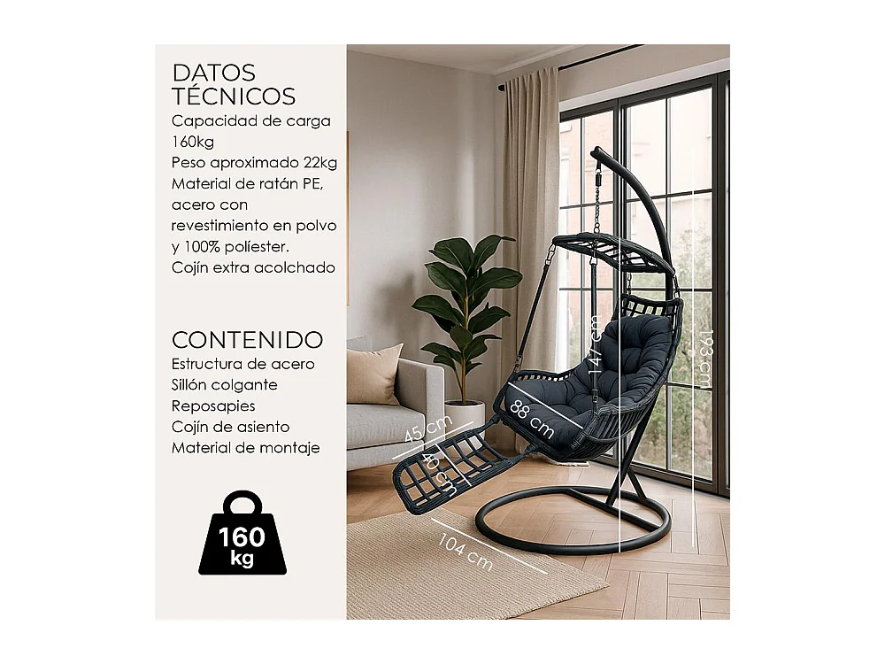 Silla Colgante Yoevu - con reposapiés para interior y exterior - YV-RELAXCHAIR