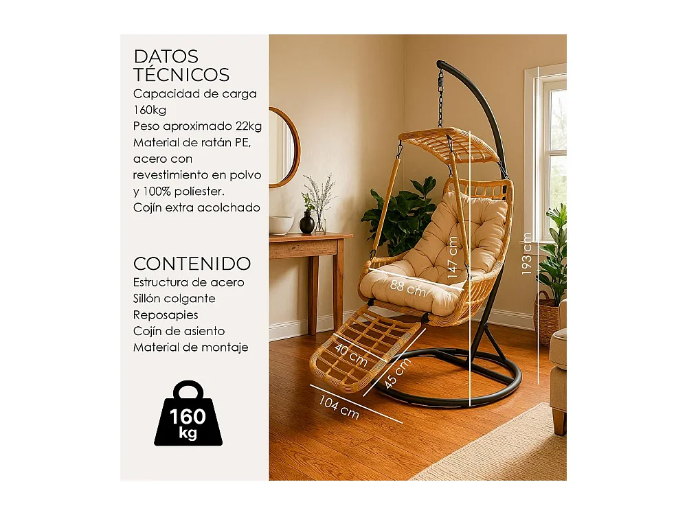 Silla Colgante Yoevu - con reposapiés para interior y exterior - YV-RELAXCHAIR