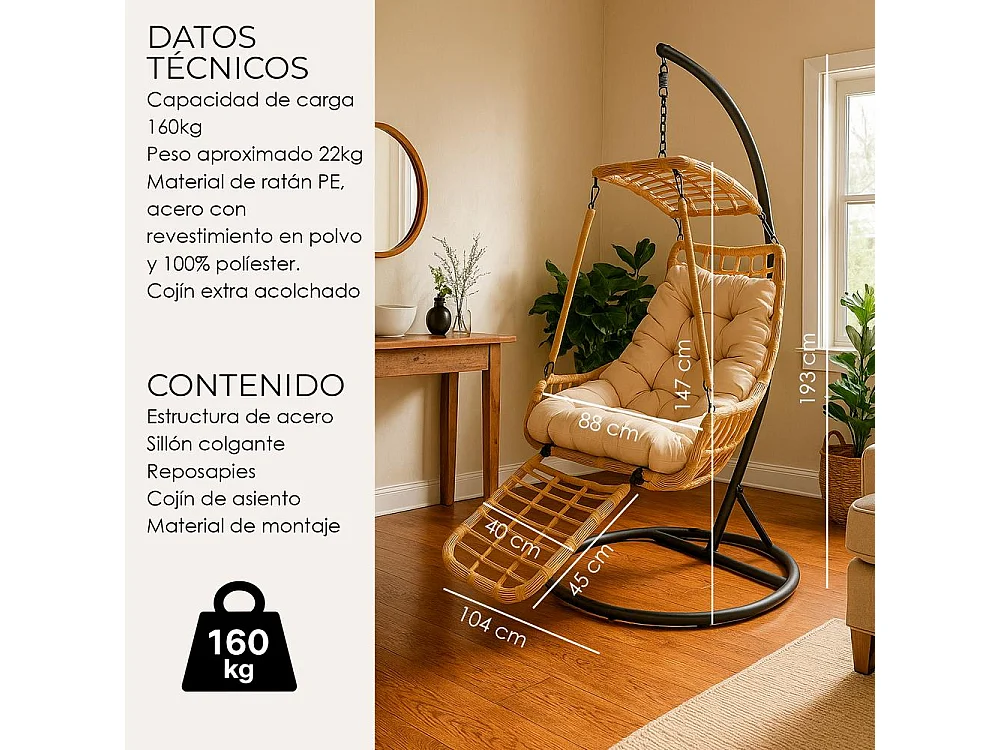Silla Colgante Yoevu - con reposapiés para interior y exterior - YV-RELAXCHAIR
