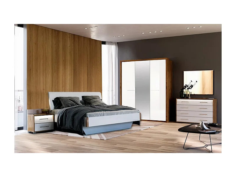 Lit Niko , blanc laqué et chêne clair 160x200 cm avec chevet posé