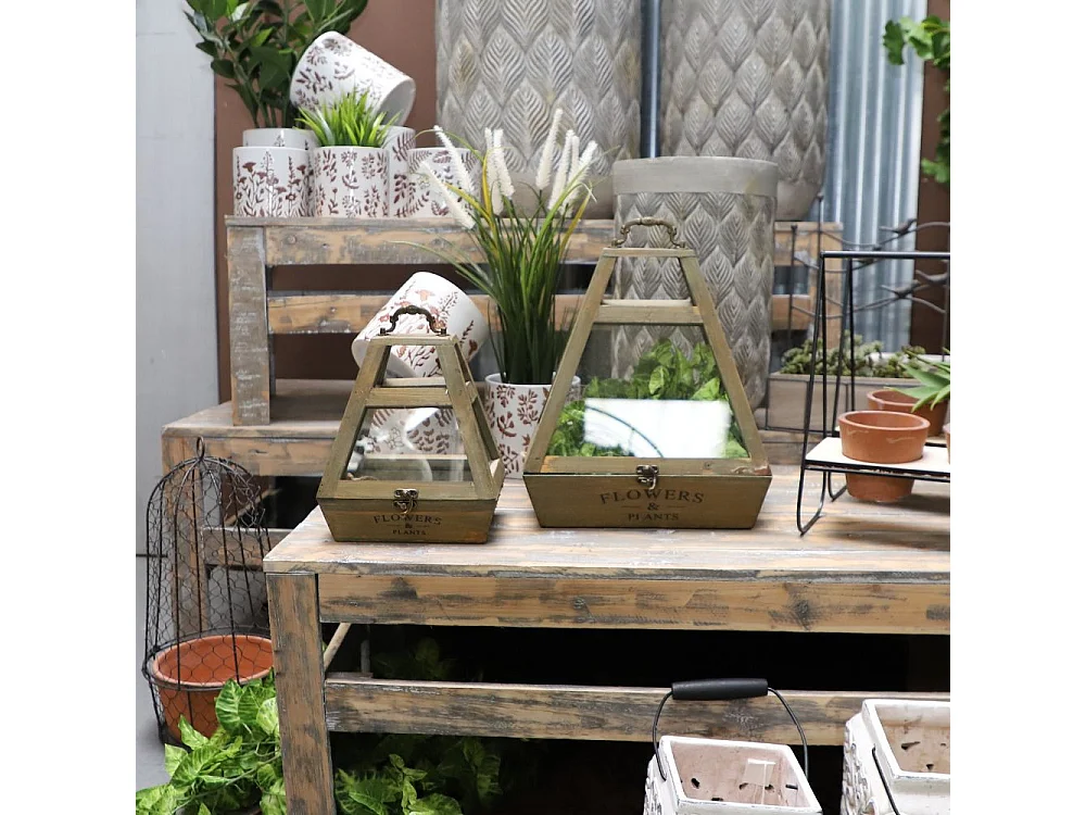 Set de 2 mini serres d'intérieur pyramide en bois naturel et verre