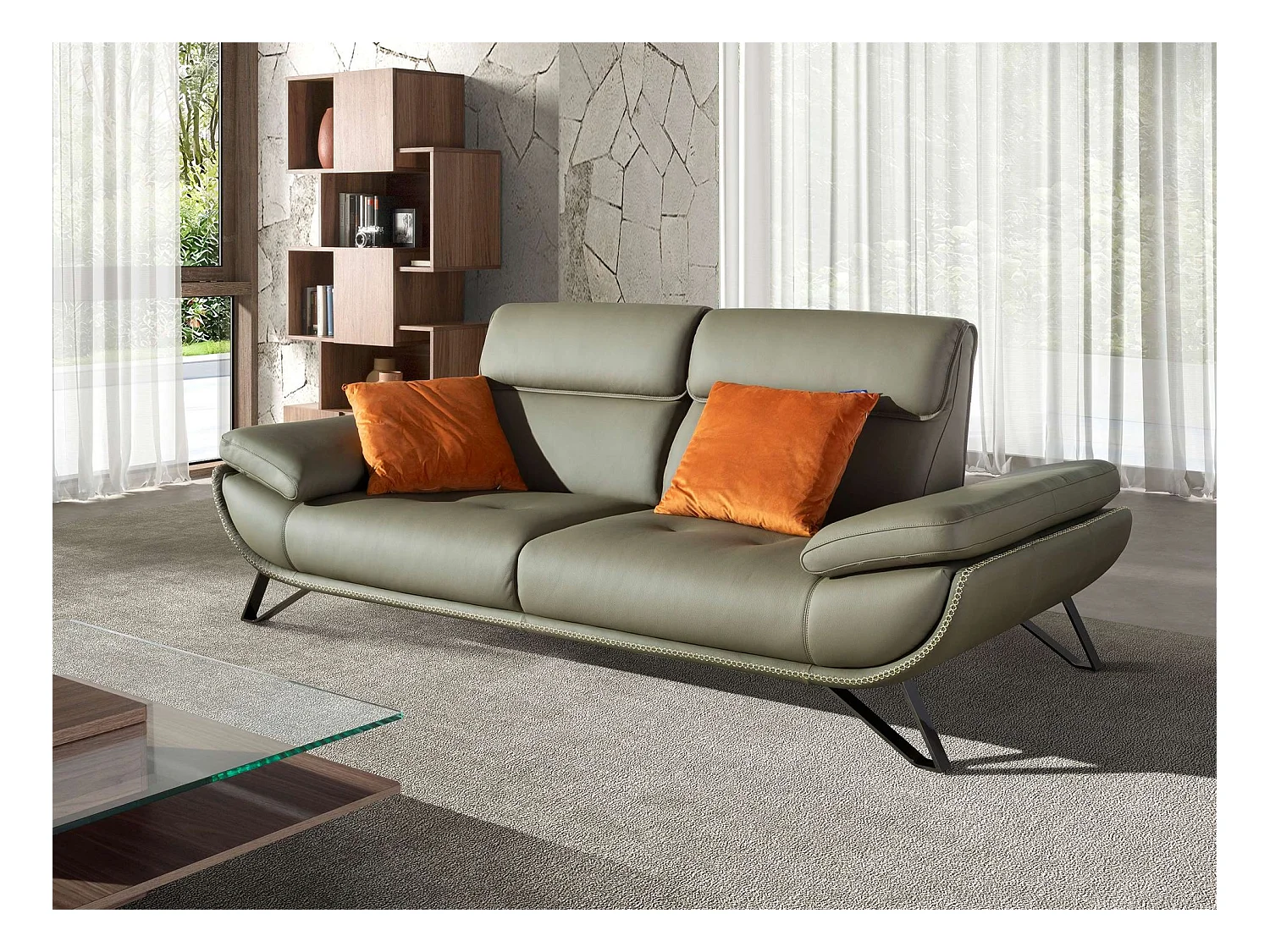 3-Sitzer-Sofa aus olivgrünem Leder