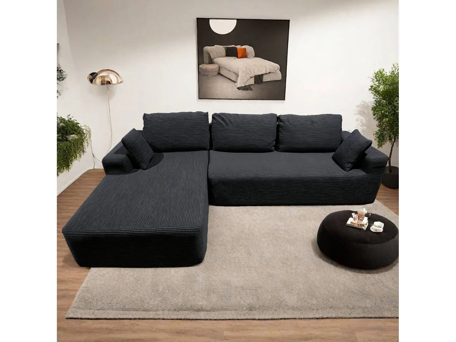 Canapé d'angle 3 places en velours côtelé gris anthracite HOVE