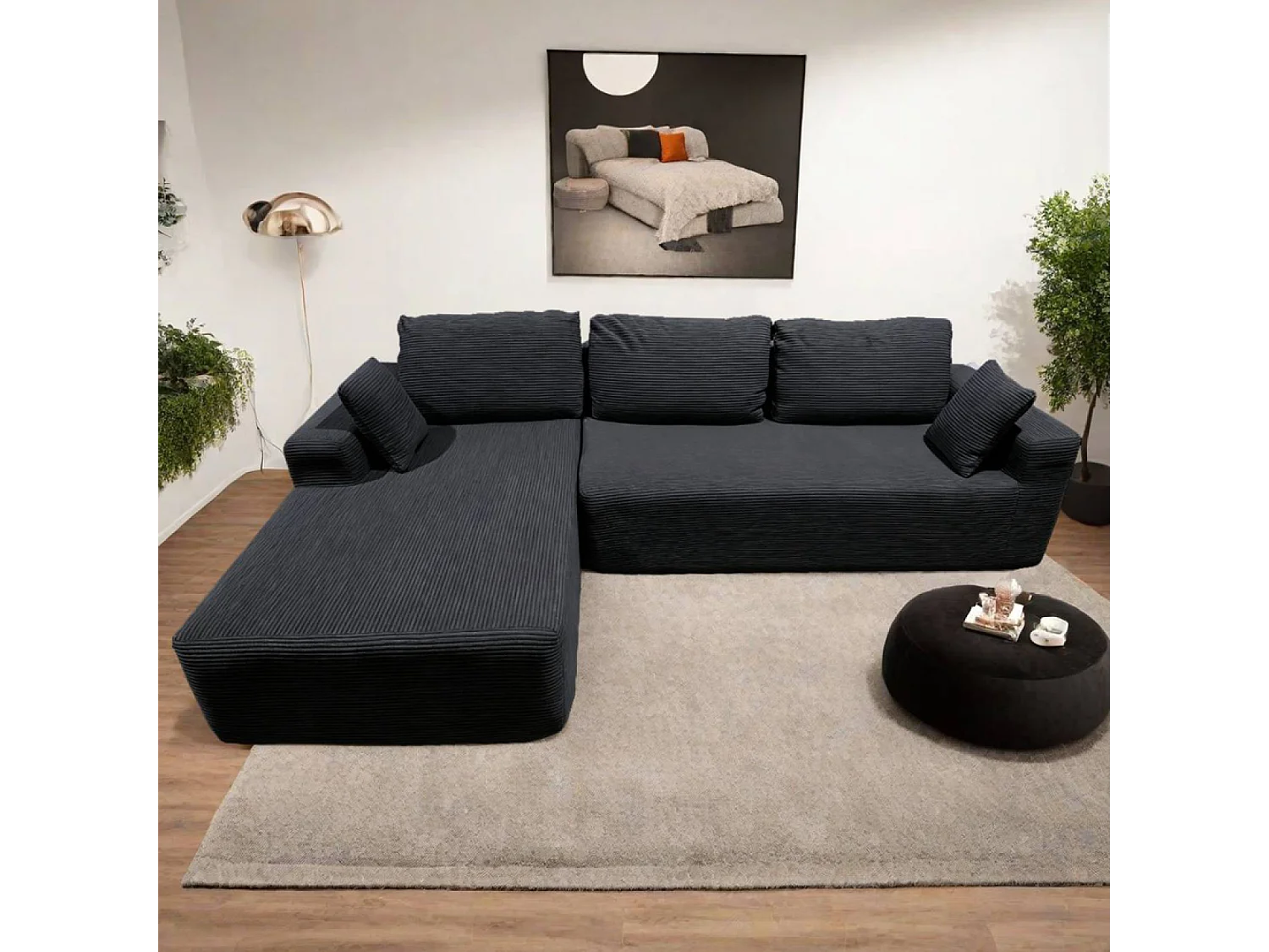 Canapé d'angle 3 places en velours côtelé gris anthracite HOVE