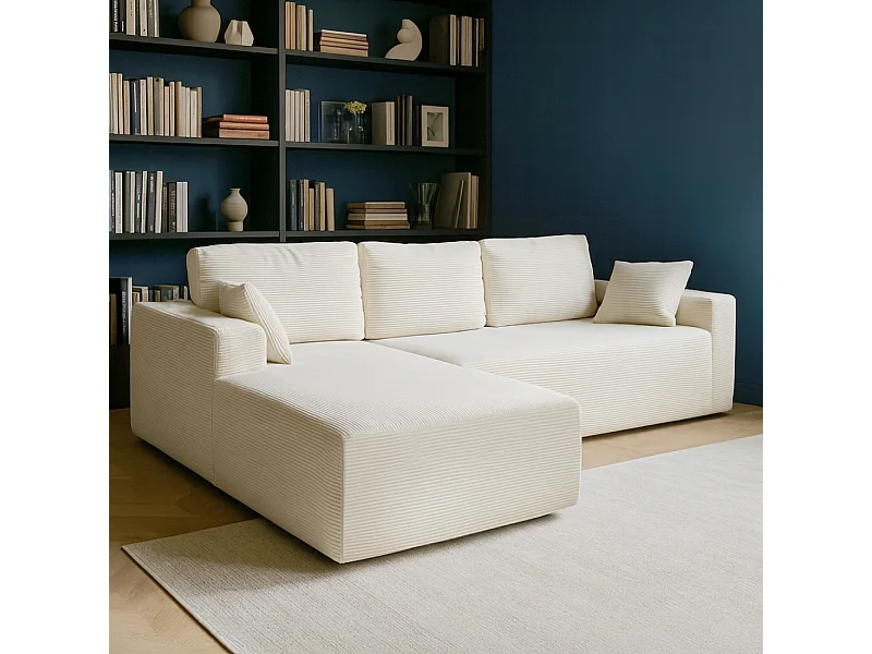 HOVE - Canapé d'angle 5-6 places en velours côtelé beige