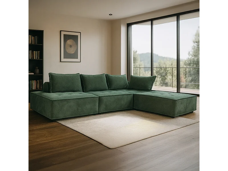 Canapé d'angle modulable 4 places en velours texturé vert STAVA