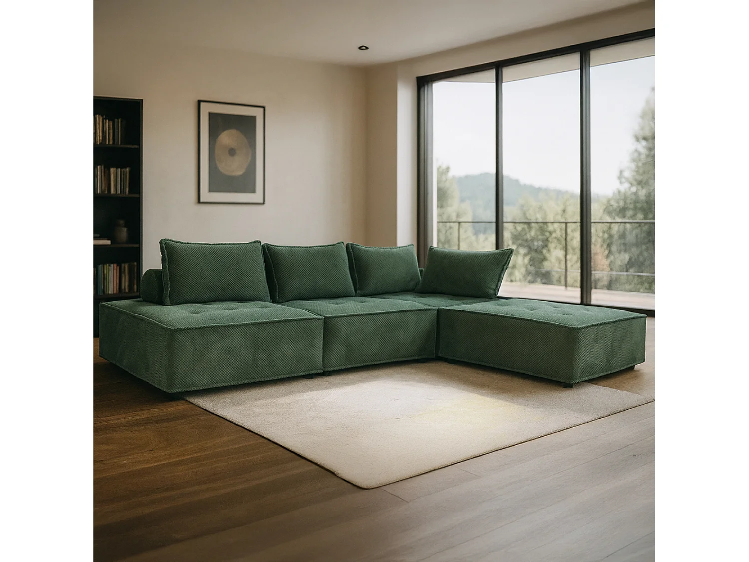 Canapé d'angle modulable 4 places en velours texturé vert STAVA