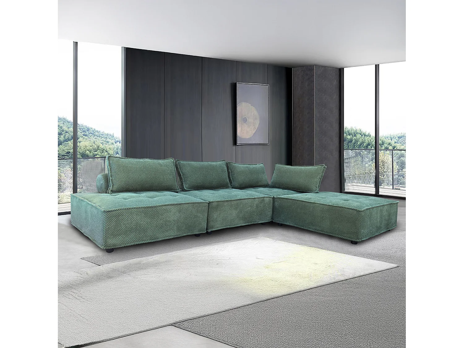 Canapé d'angle modulable 4 places en velours texturé vert STAVA