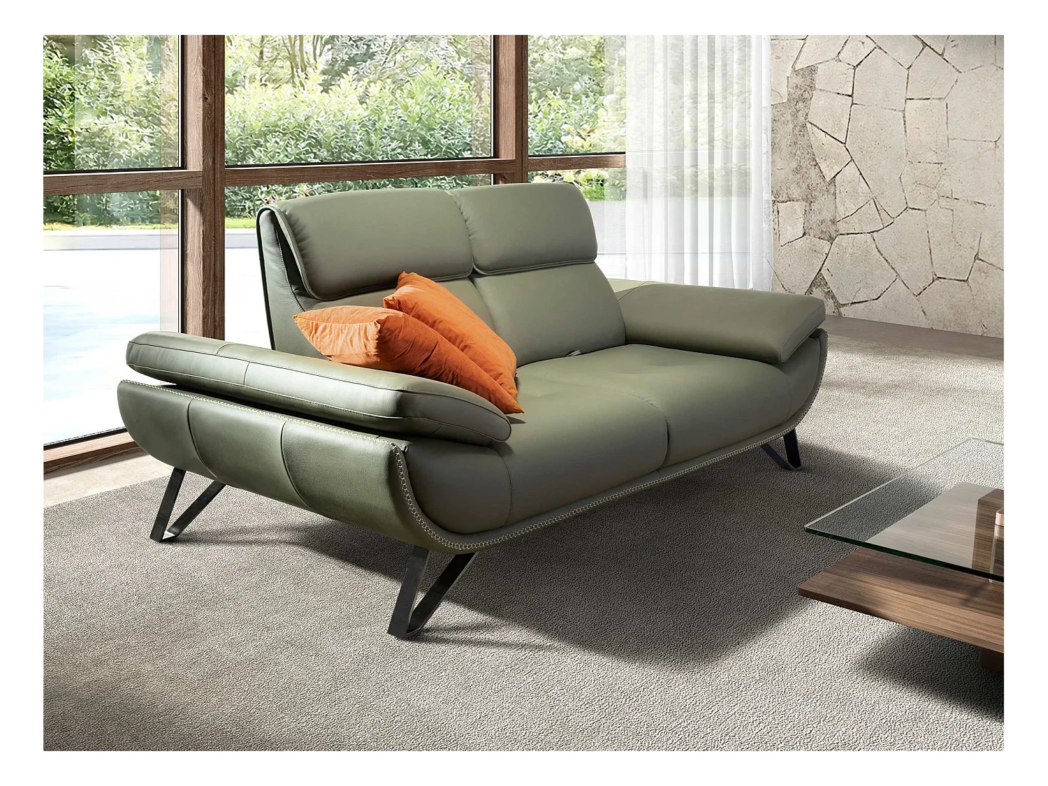 2-Sitzer-Sofa aus olivgrünem Leder