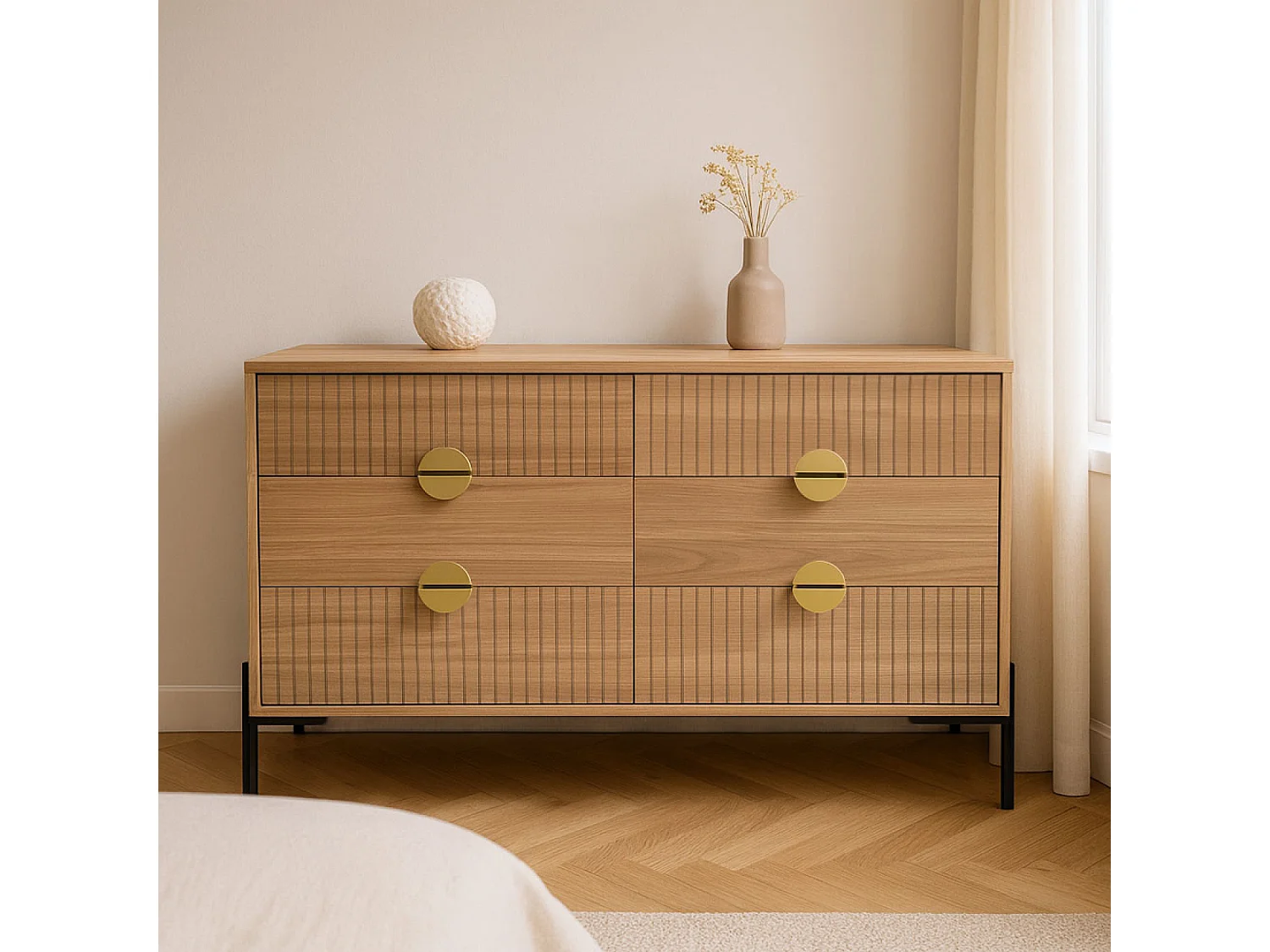 Commode 6 tiroirs décor bois rainuré 124cm VALLO