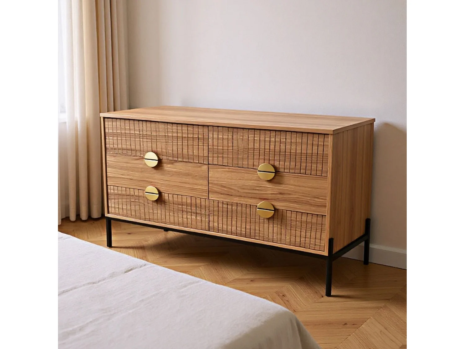 Commode 6 tiroirs décor bois rainuré 124cm VALLO