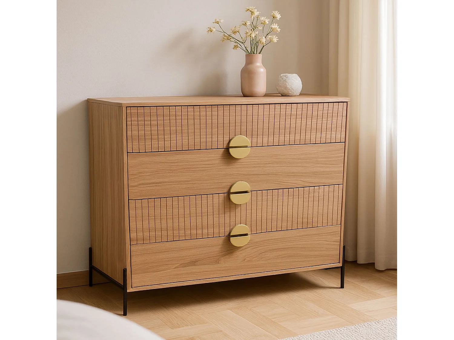 Commode 4 tiroirs décor bois rainuré 84cm VALLO