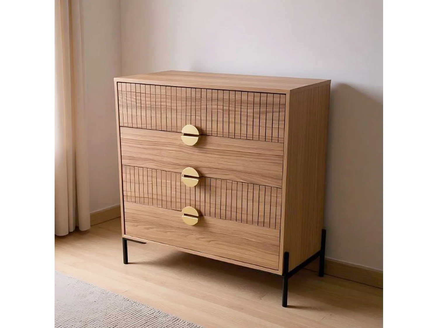 Commode 4 tiroirs décor bois rainuré 84cm VALLO