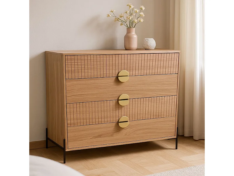 Commode 4 tiroirs décor bois rainuré 84cm VALLO