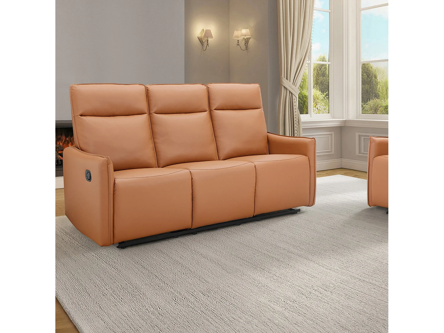 Lugo | Canapé 3 places avec 2 fauteuils inclinables manuels en PU couleur cognac