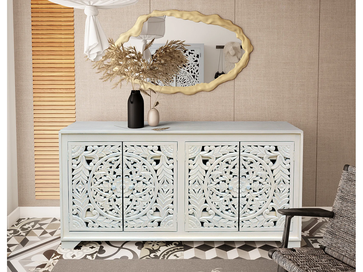 Kalita | Enfilade à 4 Portes en Bois de Manguier Crème