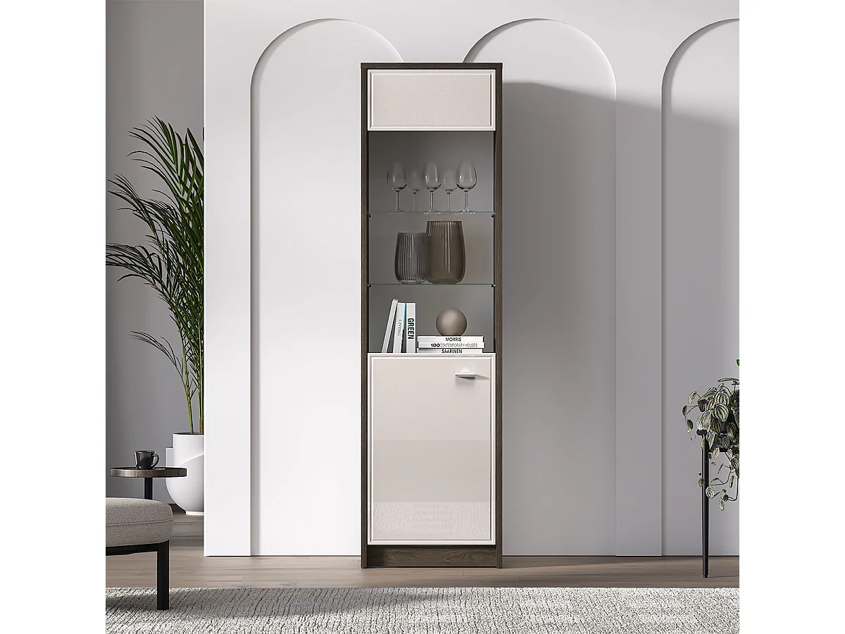 Vitrine 1 porte Kaius Cachemire et Bois foncé