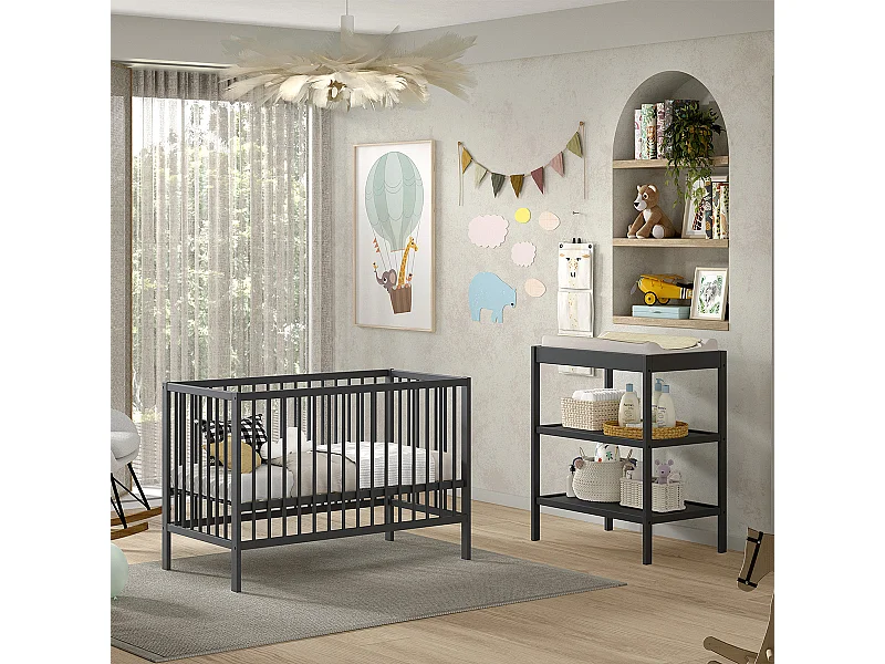 Cama de Bebé Vipack Meryl 60X120 e Muda-Fraldas Antracite PETITS-MEUBLES