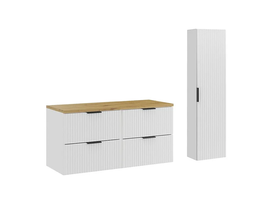 Ensemble de salle de bain NOXERA 120 cm – Meuble sous vasque suspendu blanc alpin avec plan vasque chêne clair et colonne murale