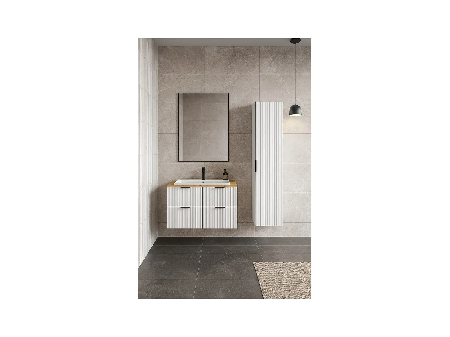 Ensemble de salle de bain NOXERA 120 cm – Meuble sous vasque suspendu blanc alpin avec plan vasque chêne clair et colonne murale