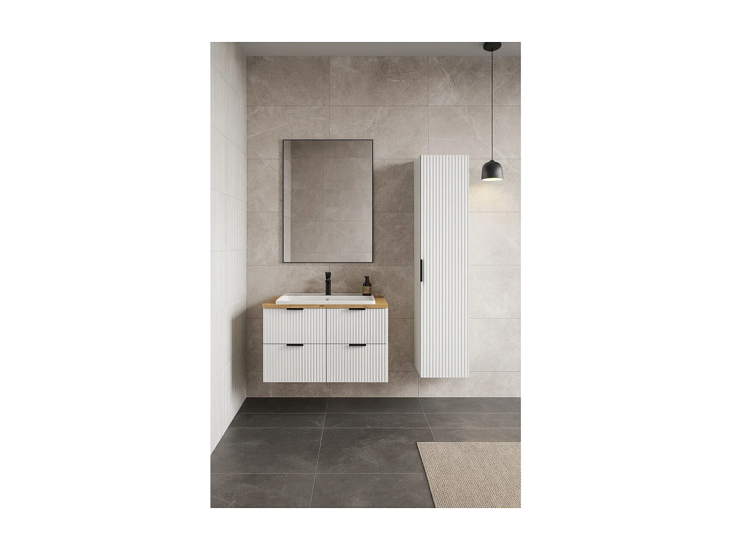 Ensemble de salle de bain NOXERA 120 cm – Meuble sous vasque suspendu blanc alpin avec plan vasque chêne clair et colonne murale