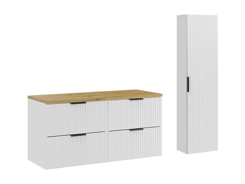 Ensemble de salle de bain NOXERA 120 cm – Meuble sous vasque suspendu blanc alpin avec plan vasque chêne clair et colonne murale