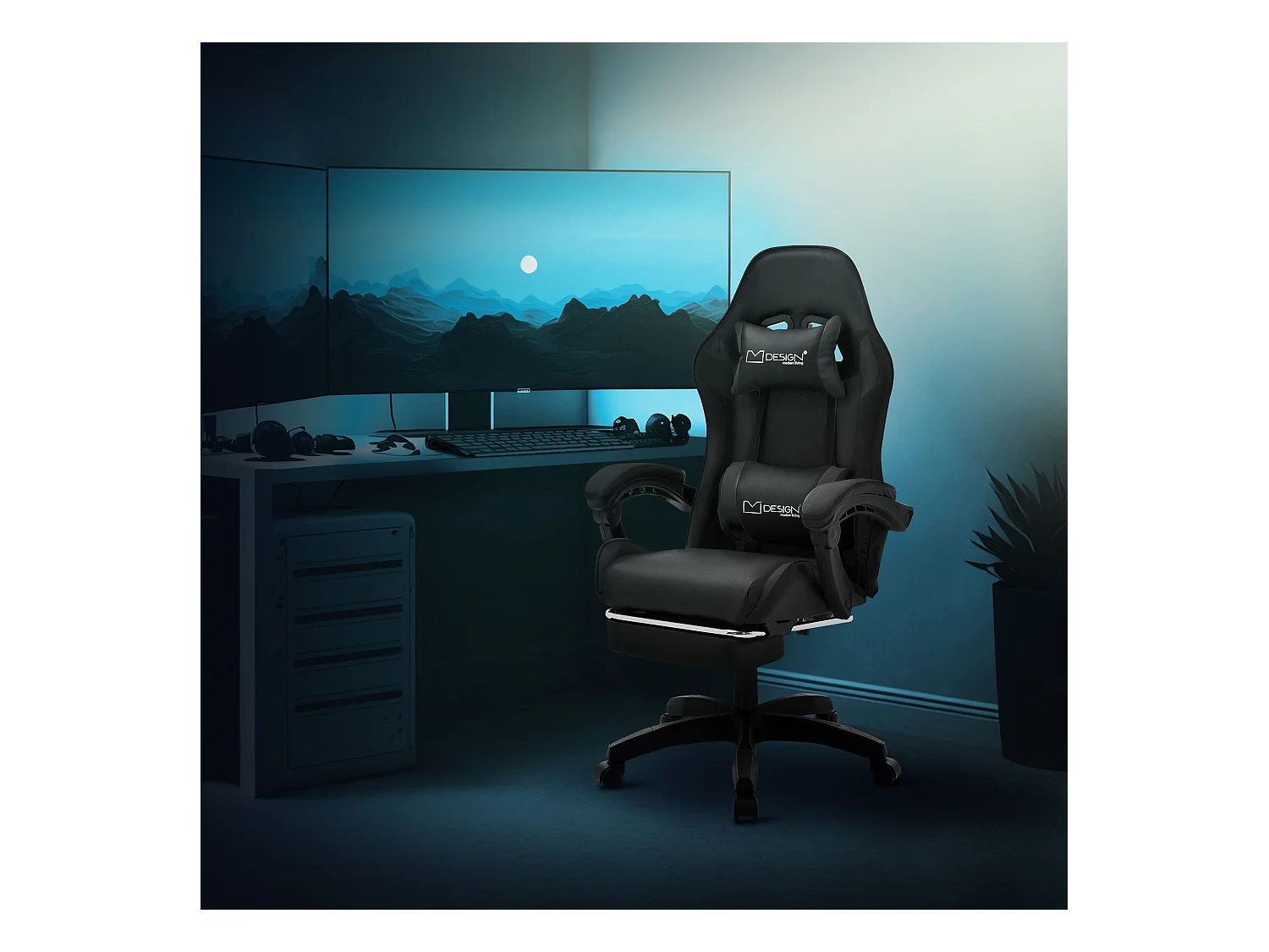 ML-Design Sedia da gaming ergonomica in similpelle nero, con poggiapiedi e poggiatesta, poltrona da gioco girevole, ideale per scrivania o ufficio