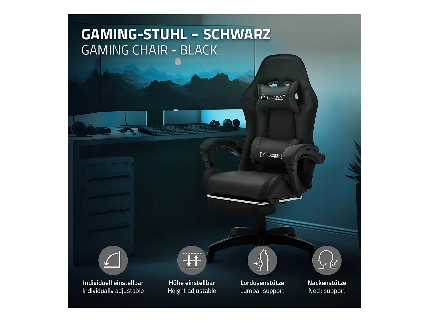 ML-Design Sedia da gaming ergonomica in similpelle nero, con poggiapiedi e poggiatesta, poltrona da gioco girevole, ideale per scrivania o ufficio