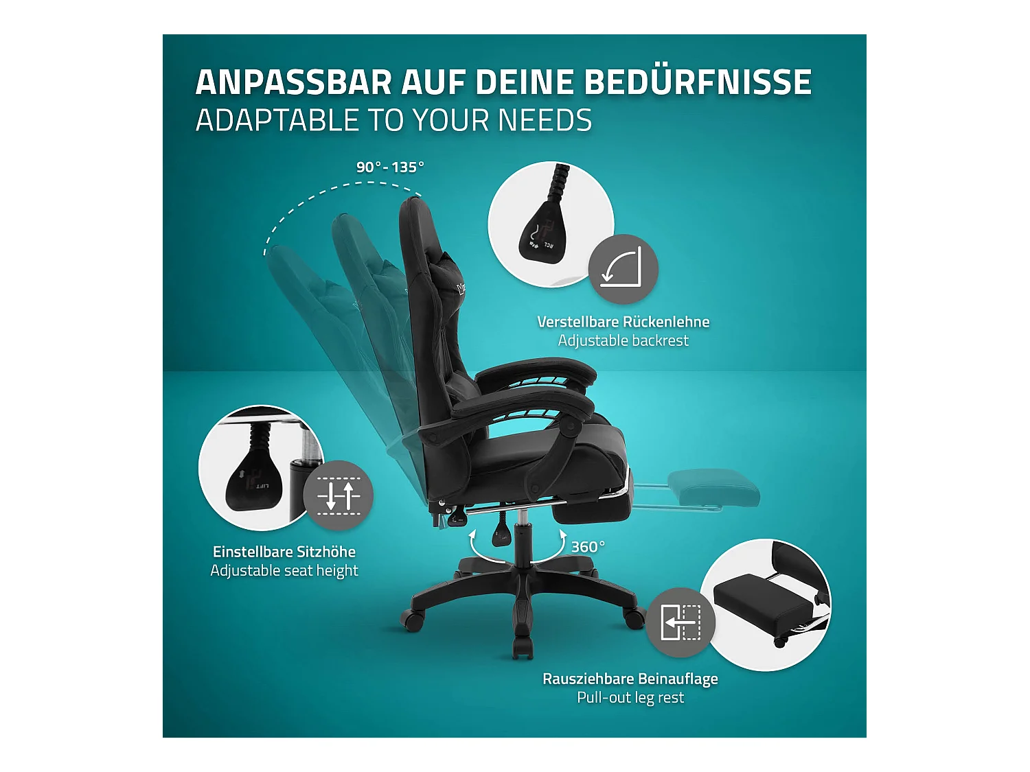 ML-Design Sedia da gaming ergonomica in similpelle nero, con poggiapiedi e poggiatesta, poltrona da gioco girevole, ideale per scrivania o ufficio