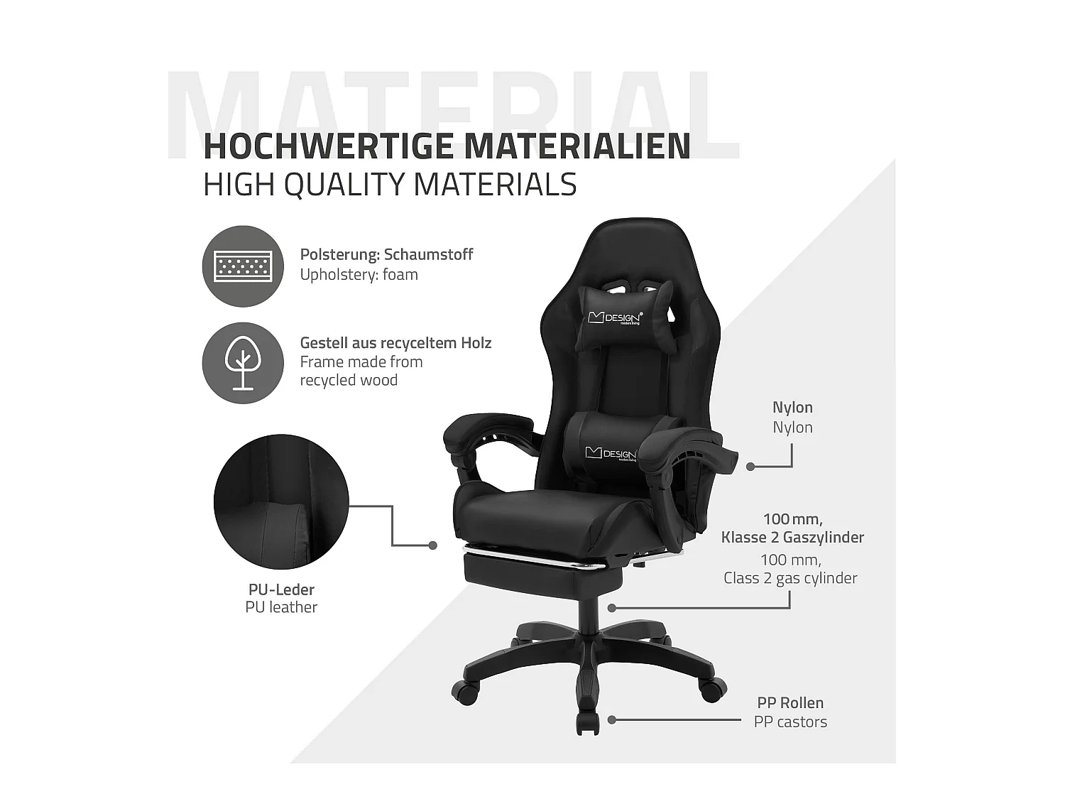 ML-Design Sedia da gaming ergonomica in similpelle nero, con poggiapiedi e poggiatesta, poltrona da gioco girevole, ideale per scrivania o ufficio