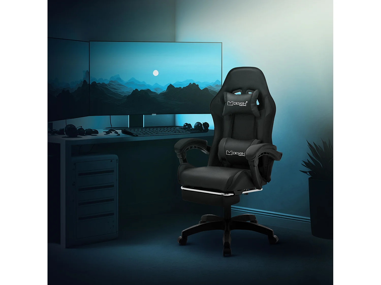 Chaise de gaming ergonomique noir en pu synthétique avec coussins de soutien repose-pieds intégré hauteur réglable dossier inclinable rotation 360°