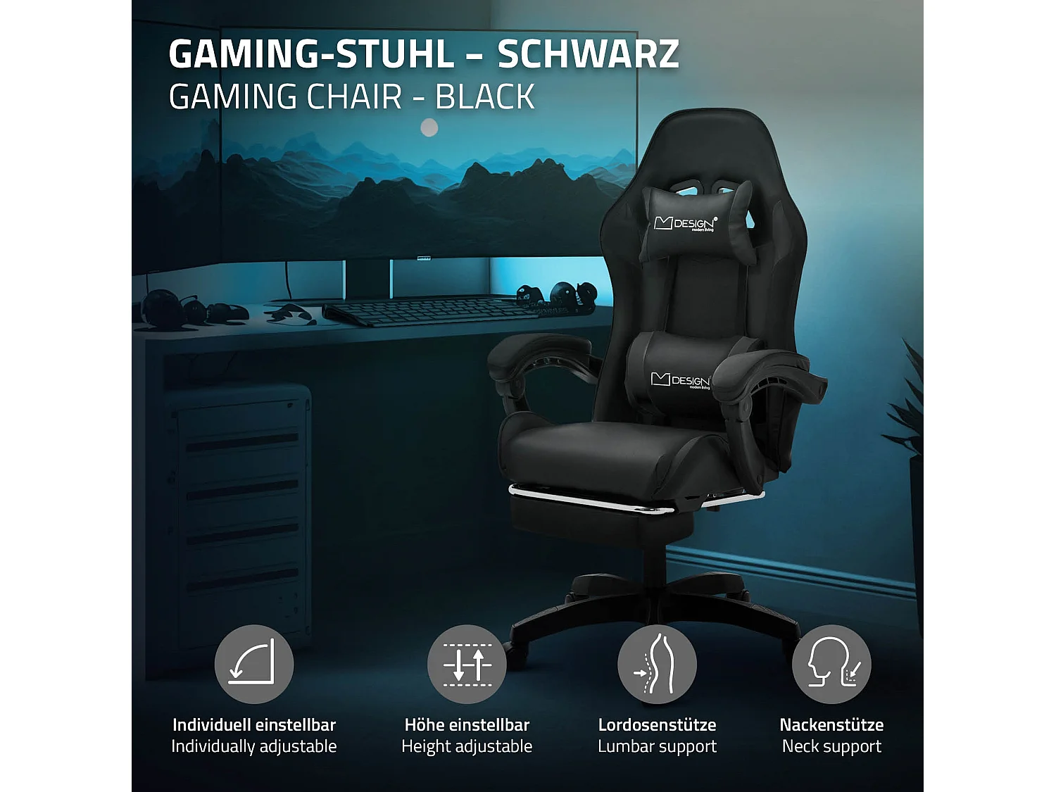Chaise de gaming ergonomique noir en pu synthétique avec coussins de soutien repose-pieds intégré hauteur réglable dossier inclinable rotation 360°